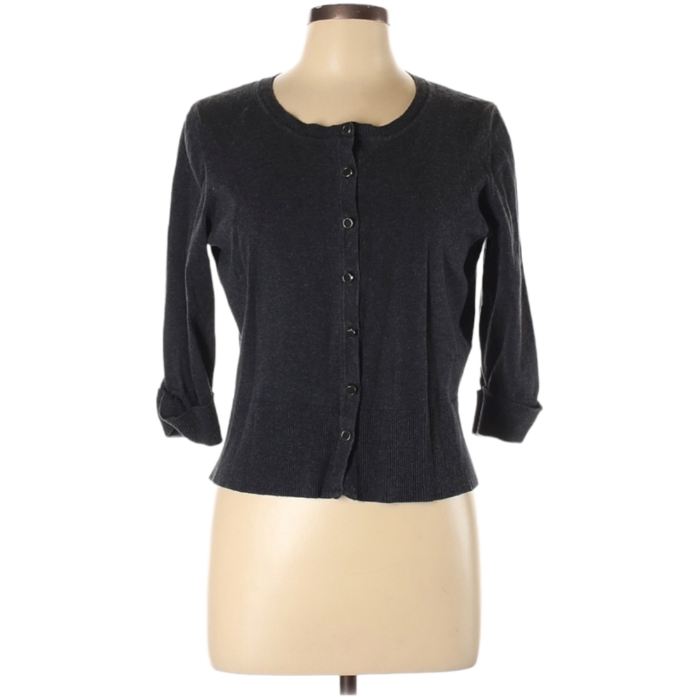 Black Rivet Cardigan Sweater Size L Dark Grey 3/4 Sleeves Cuffed Cute Buttons